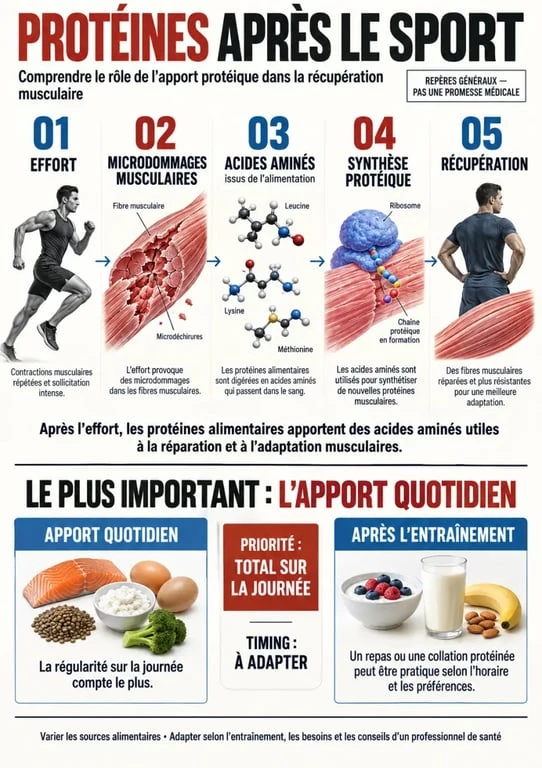 Infographie sur la protéine après le sport et le rôle des acides aminés dans la récupération musculaire