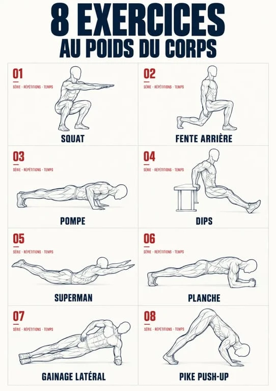 Renforcement musculaire à la maison : schéma des 8 exercices sans matériel