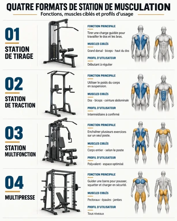 Infographie comparative des différents types de station de musculation