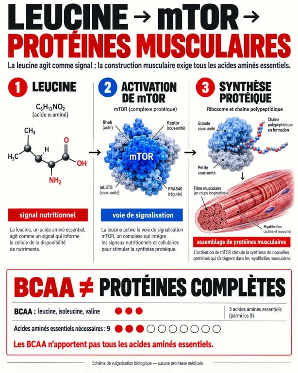 Avantages musculaires des BCAA : mécanisme leucine mTOR et synthèse des protéines musculaires