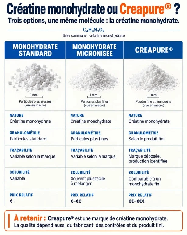 Infographie comparative créatine monohydrate ou Creapure avec monohydrate standard et micronisée