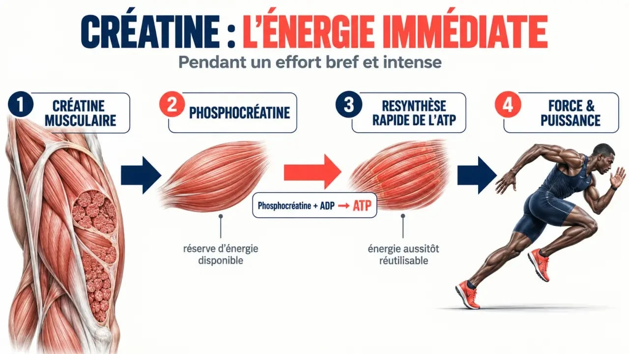 Schéma du mécanisme de la créatine monohydrate ou Creapure dans la resynthèse de l'ATP
