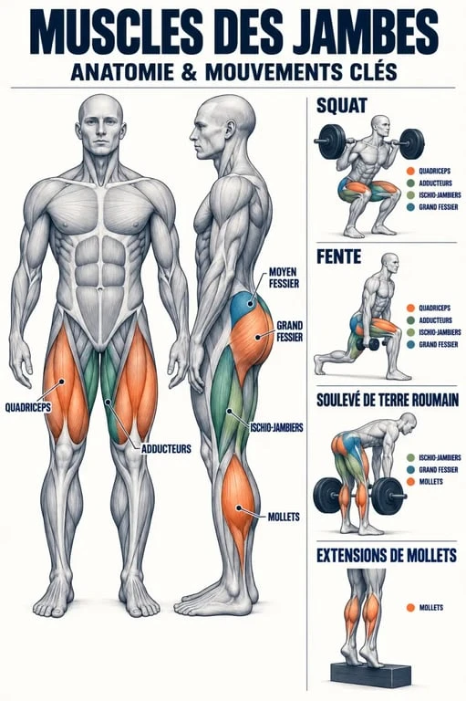 Schéma des muscles sollicités en musculation des jambes
