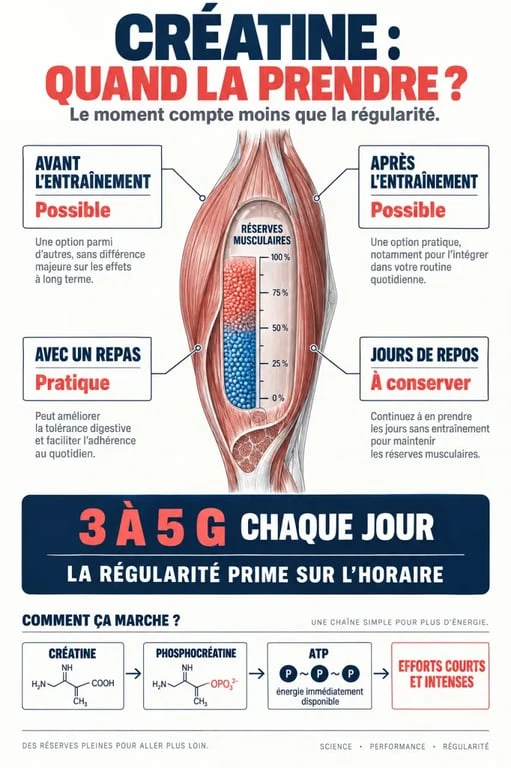 Infographie expliquant quand prendre la créatine avant après l’entraînement et les jours de repos