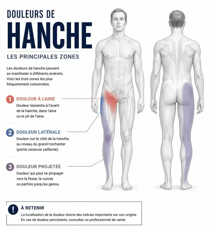 Schéma des douleurs de hanches selon leur localisation à l'aine, sur le côté ou dans la fesse