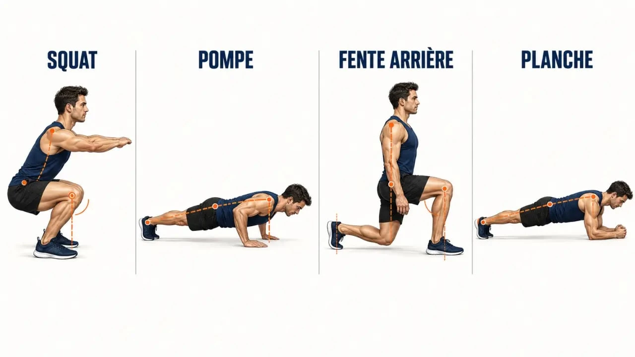 Illustration des principaux exercices de renforcement musculaire sans matériel : squat, pompe, fente et gainage