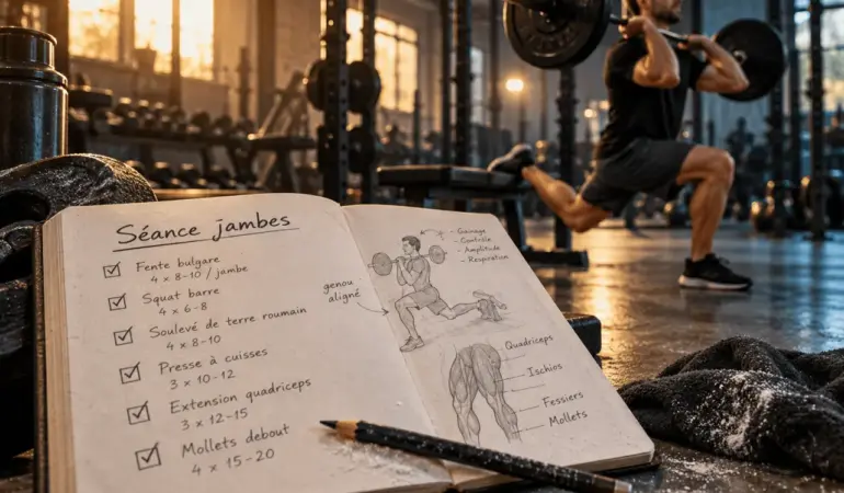 Jambes musculation : fente bulgare en salle, plan 2 séances