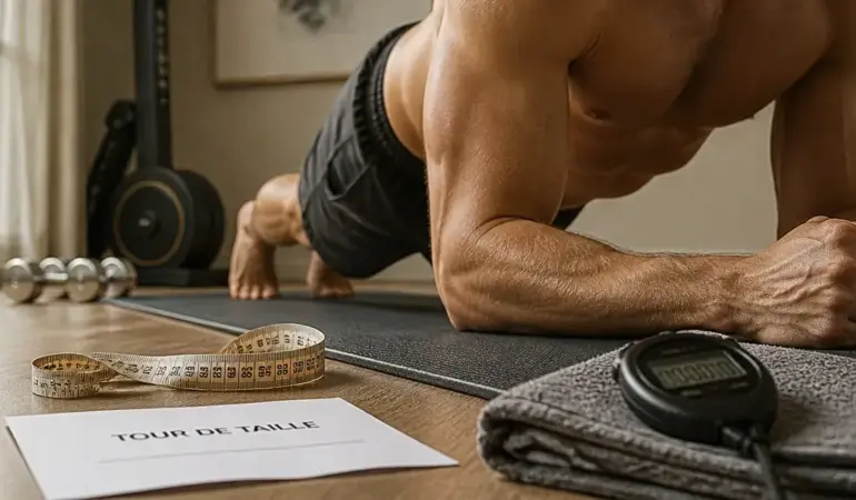 Perdre ventre homme exercice : mètre ruban sur tour de taille en gainage