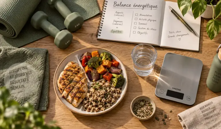 Programe perte de poids : assiette équilibrée, eau et suivi calorique