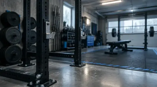 Rack de musculation noir dans un home gym, structure idéale