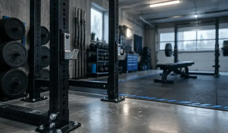 Rack de musculation noir dans un home gym, structure idéale