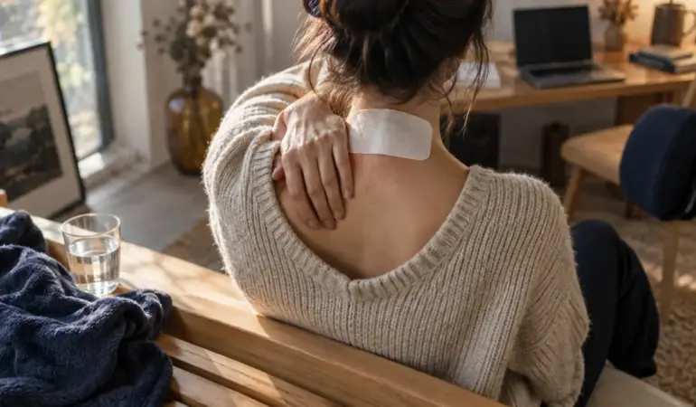 Contracture musculaire dos temps de guérison : patch chauffant sur le haut du dos